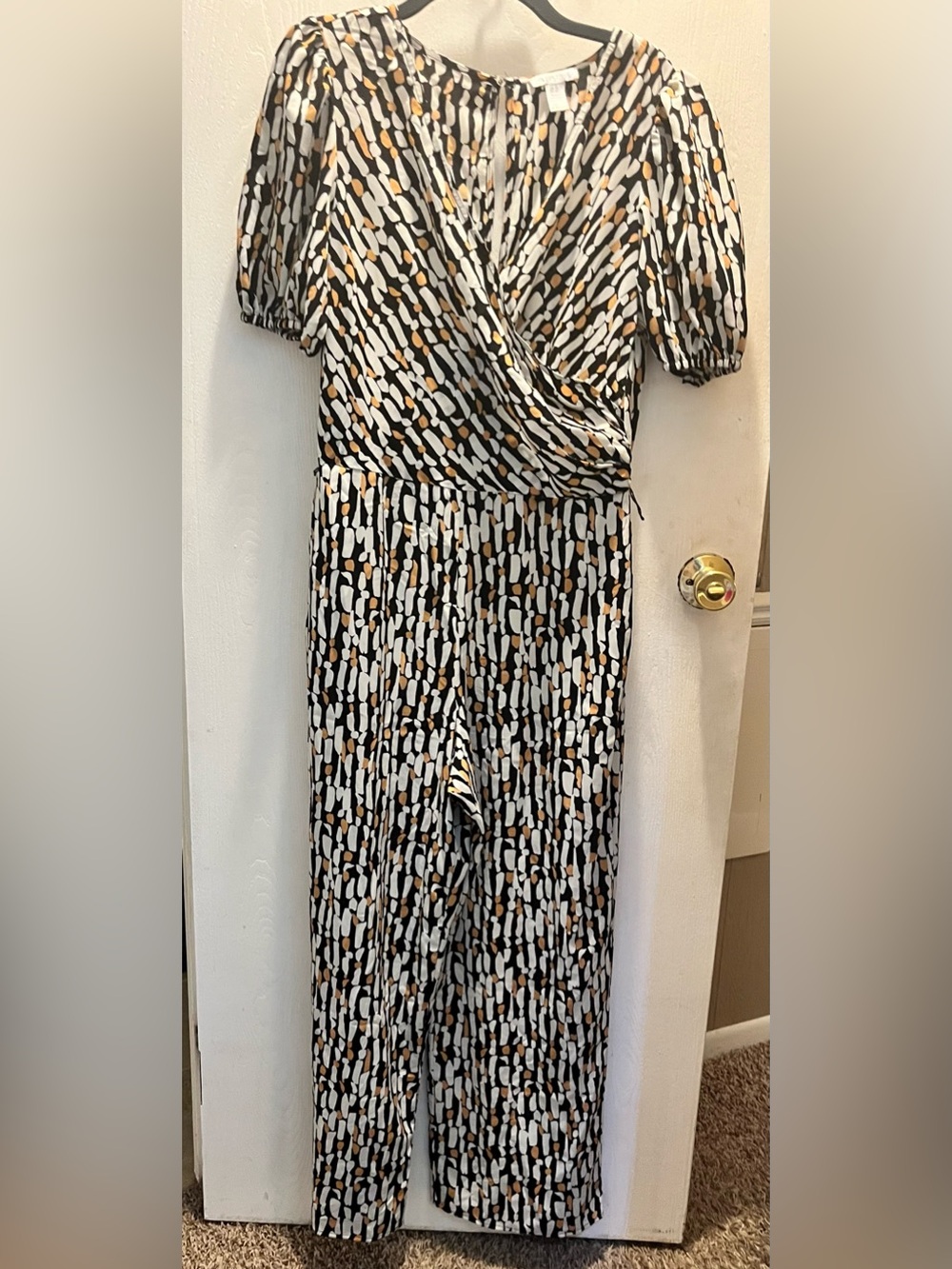 London Times Black, White & Gold Printed Wrap Jumpsuit